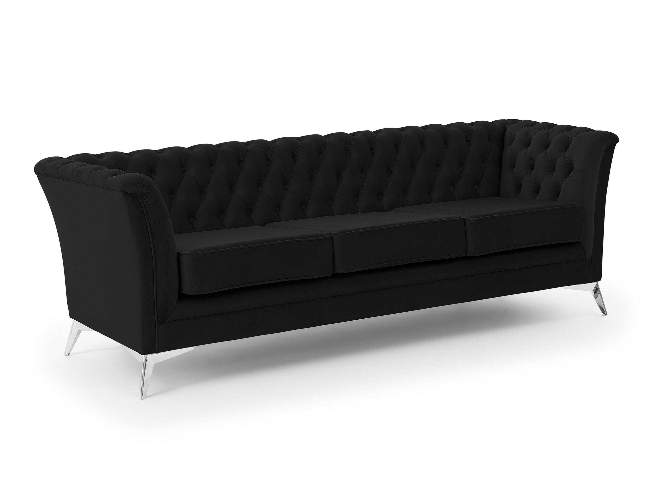 CHESTERFIELD-SOFA 3-sitzer Whitby Schwarz Samt mit silbernen Füßen - Silberfarben/Schwarz, Holz/Textil (237/78/82cm) - S-Style Möbel