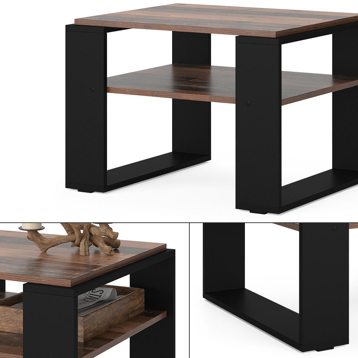 COUCHTISCH Helm Antikholz 65.6 x 55,8 cm mit Ablage - Alteiche/Schwarz, Holzwerkstoff (55.8/65.6/46.2cm) - Vicco