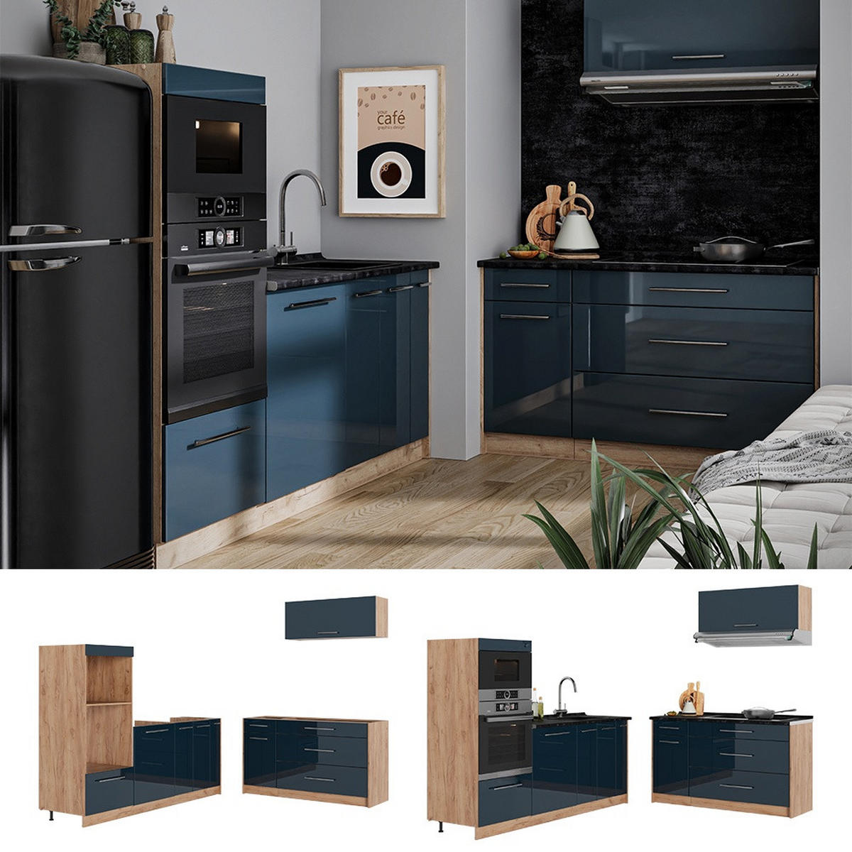 KÜCHENZEILE Fame-Line, Dunkelblau Hochglanz/Goldkraft Eiche, 340 cm, AP Marmor - Honigeiche/Dunkelblau, Holzwerkstoff (340/153.6/60cm) - Vicco