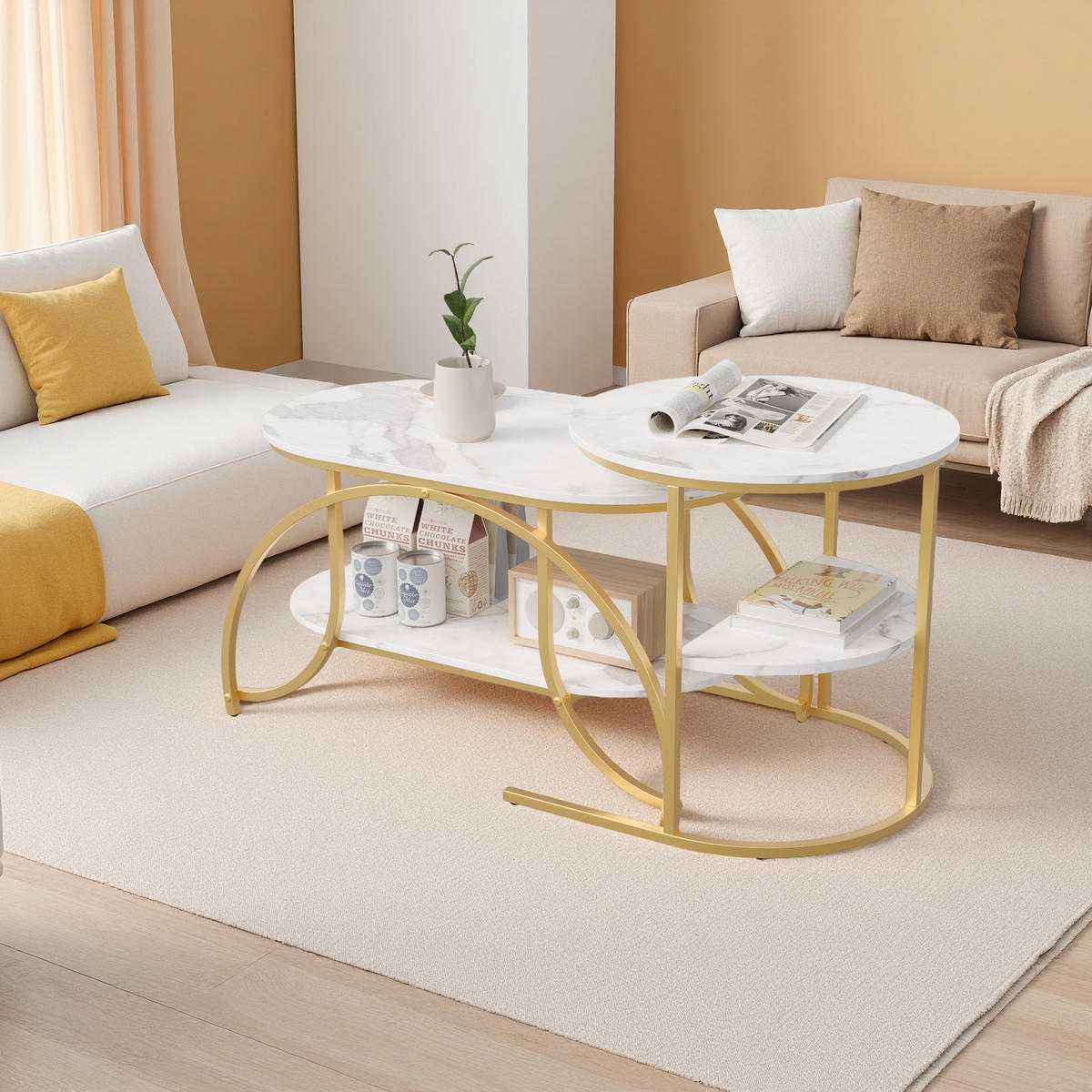 COUCHTISCH 2er Set Oval Rund Marmor Optik - Goldfarben, Metall (80/46/51cm) - SHOPENTRA