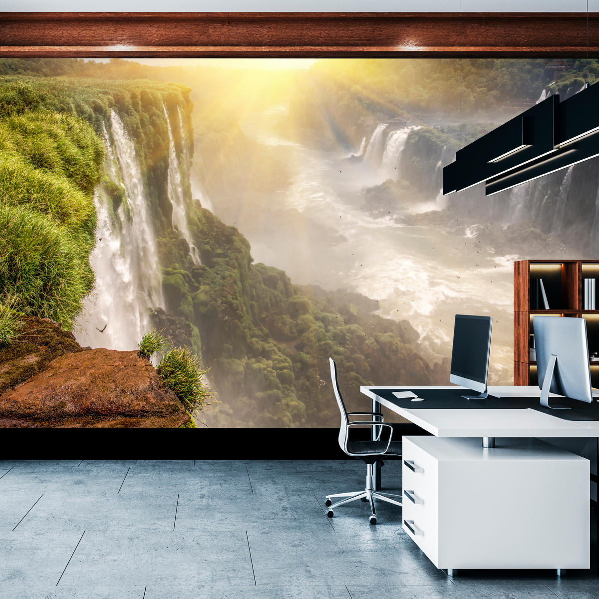 FOTOTAPETE für Wohnzimmer Wasserfall Sonnenaufgang Pflanzen 300x210 - Gelb/Beige, Papier (300/210cm) - Muralo