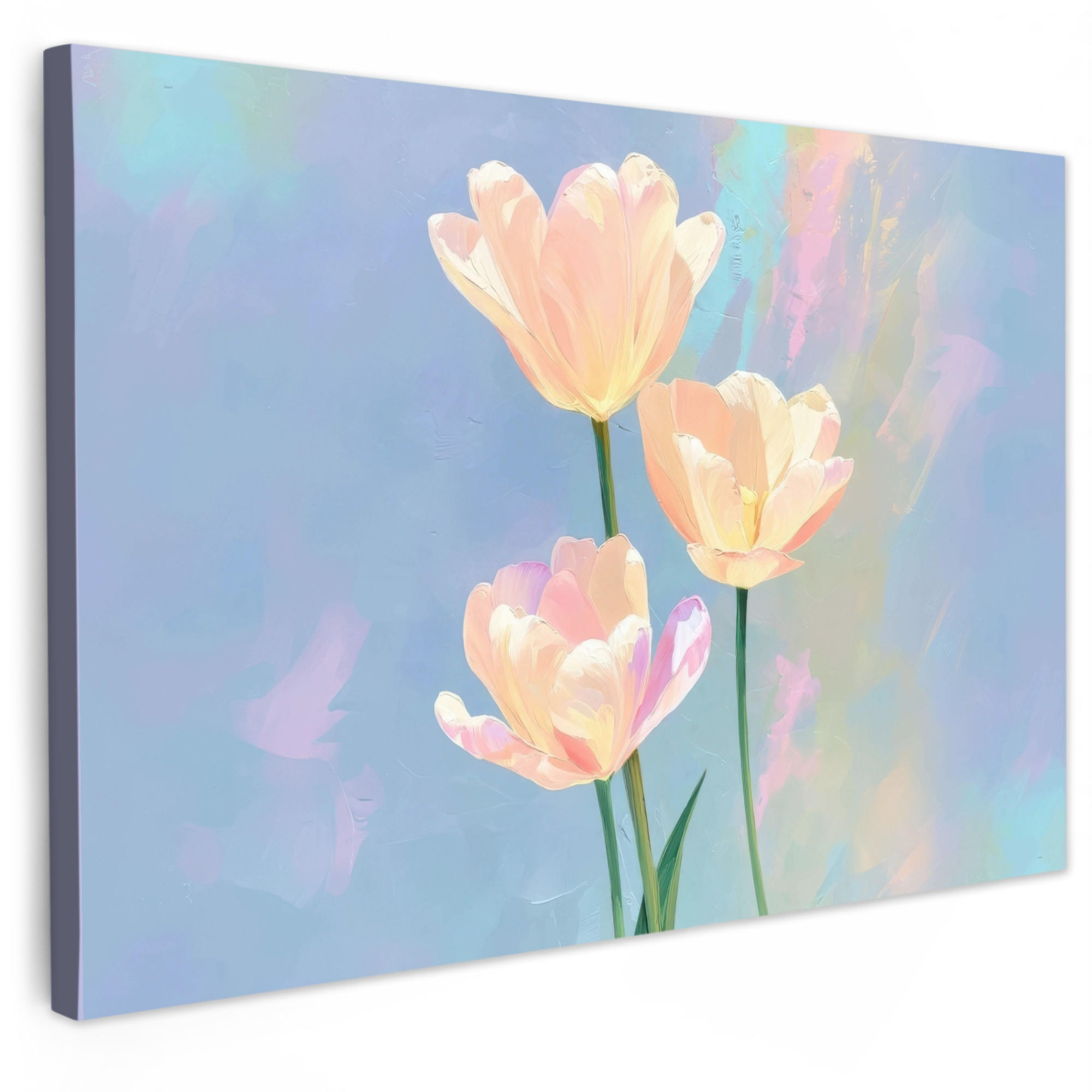 LEINWANDBILD Tulpen - Rosa Akzente - Blau XXL 150x100 cm - Pastellblau, Textil (150/100cm) - MuchoWow
