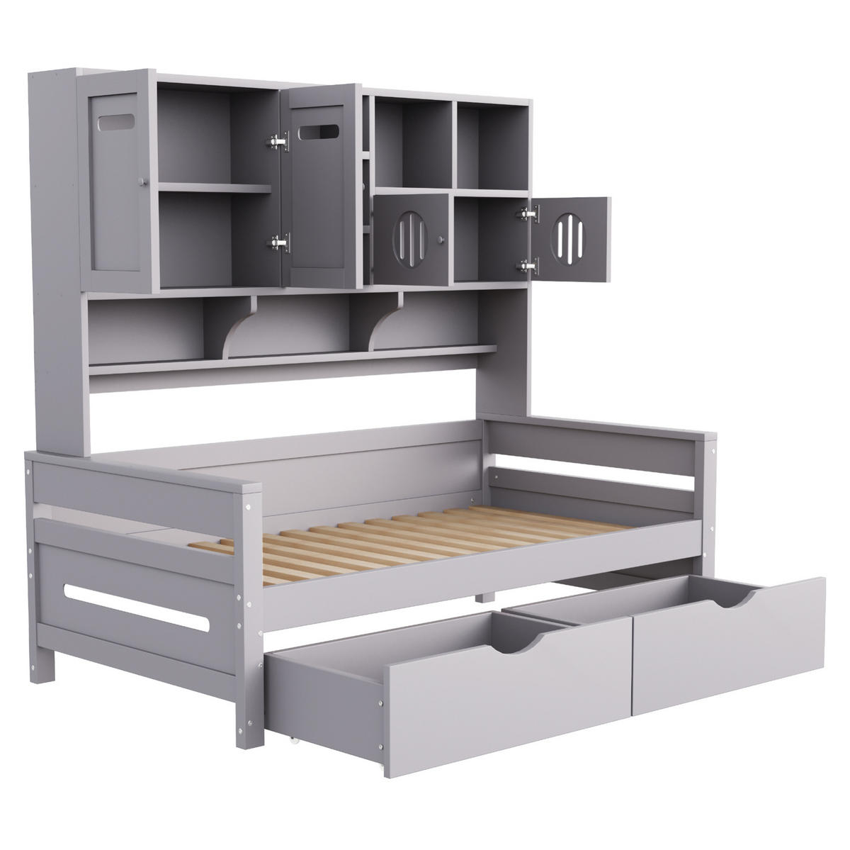 MULTIFUNKTIONSBETT aus Kiefernholz 90x200 cm Grau mit Stauraum, 2 Schubladen und Aufsatzregal - Grau, Holz (90/200cm) - Modfu