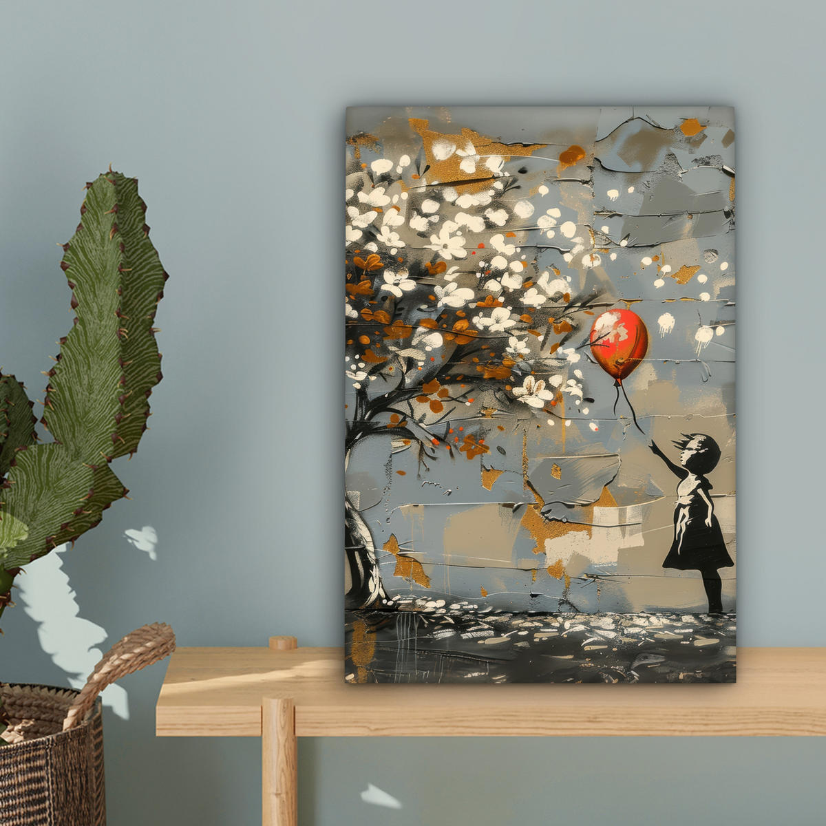 LEINWANDBILD Baum - Graffiti - Banksy-Stil - Ballon-Mädchen Deko Wohnzimmer 20x30 cm - Blaugrau, Textil (20/30cm) - MuchoWow