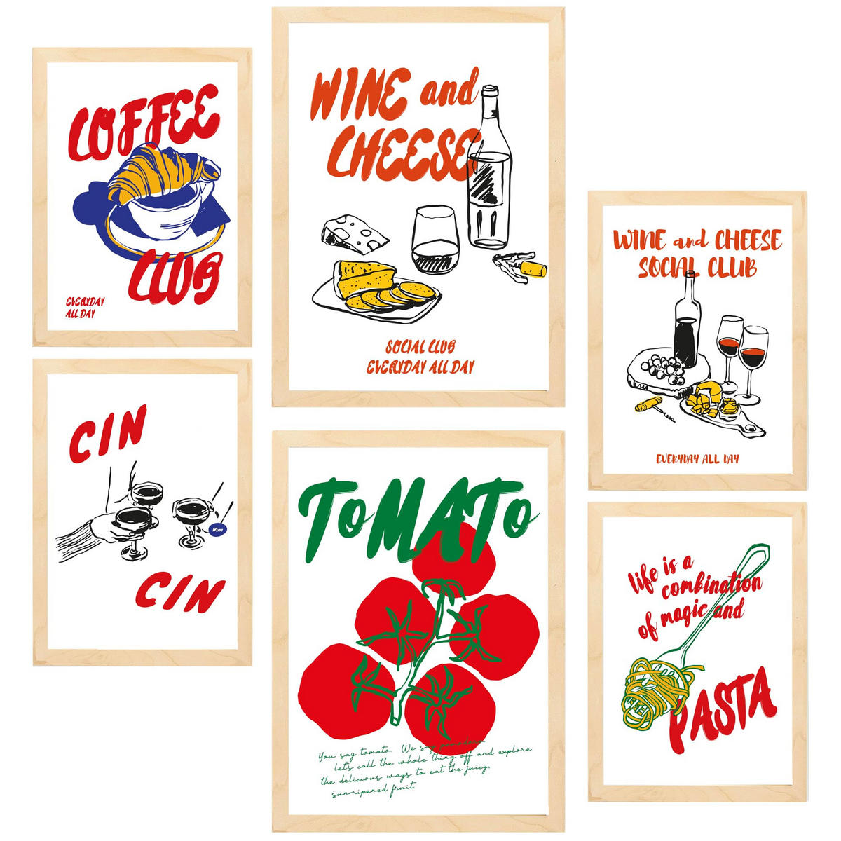 POSTER Set Mit 6 Von Lebensmitteln & Gerichten Im Pop Art A3 & A4 Rahmen Aus Hellem Holz - Beige, Papier (29/3cm) - Nacnic