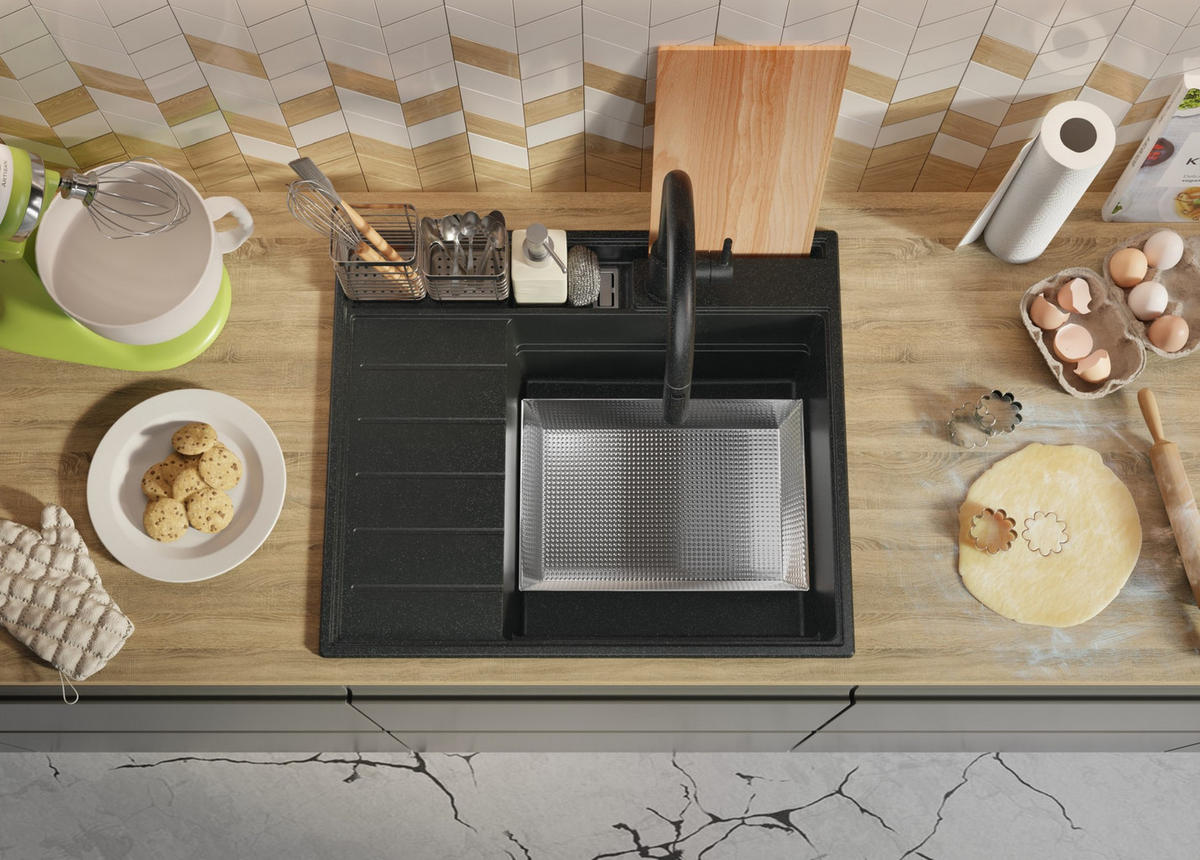 SPÜLBECKEN Sydney Pocket, 2-er set Anthrazit 62/53 cm 1 Becken + Ablauf-Set + Küchenzubehörset ab 45er Unterschrank - Chromfarben/Anthrazit, Kunststoff (62/20/53cm) - Primagran