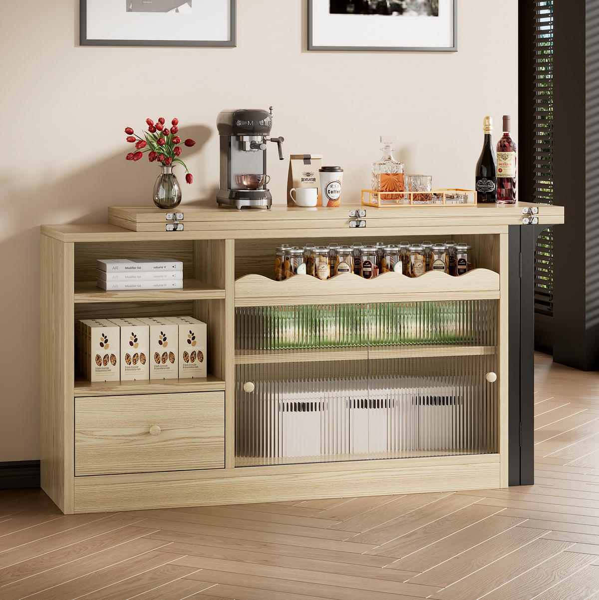 KLAPPBARER Esstisch mit Stauraum, ausziehbarer Tisch und Sideboard in einem, Natur/Schwarz - Naturfarben, Holzwerkstoff (110/120/75cm) - Redom