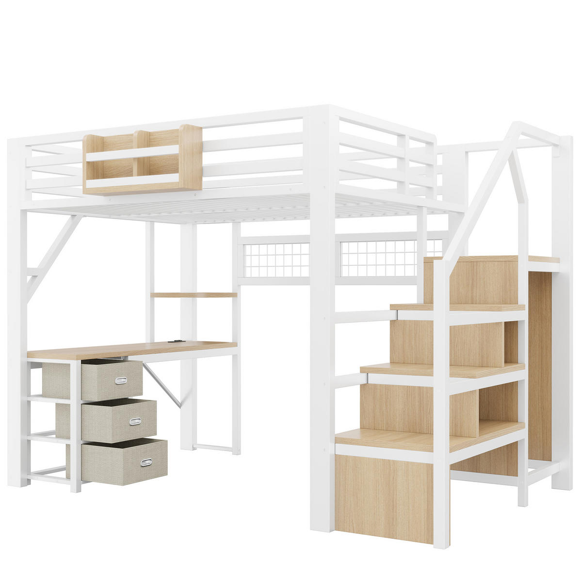 HOCHBETT 140/200 cm in Weiß mit Schreibtisch, 3 Schubladen, Stauraum und Kleiderschrank aus MDF und Metall - Weiß, Holzwerkstoff/Metall (140/200cm) - STILVORA