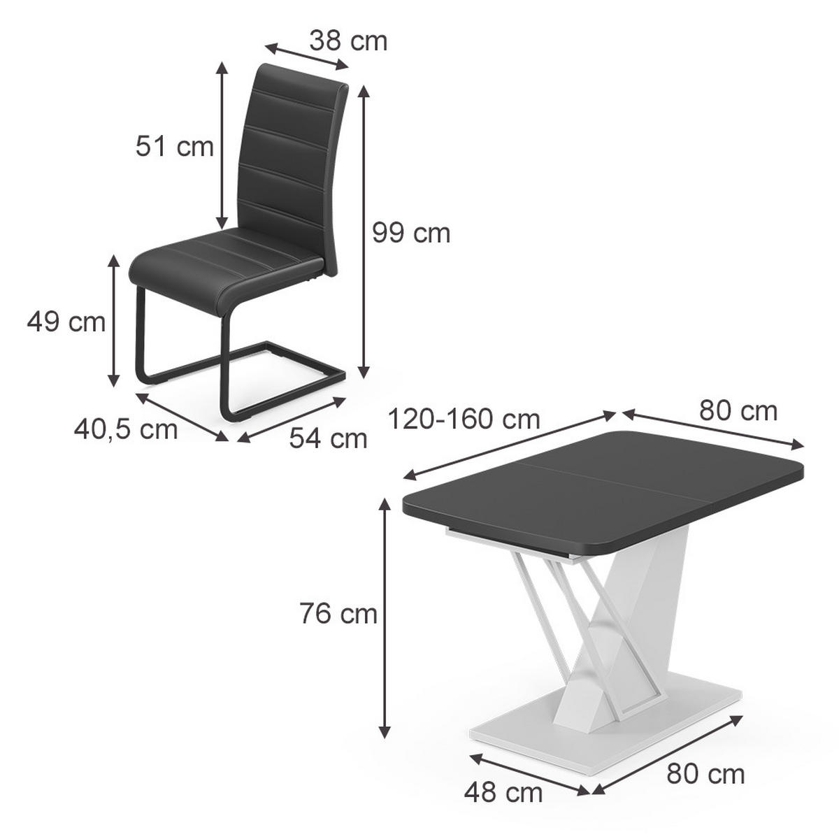 SÚPRAVA JEDÁLENSKÉHO STOLA Fenaro, čierna/biely, 120 x 80 cm so 4 jedálenskými stoličkami, čierne - čierna/biela, kompozitné drevo (120/76/80cm) - Vicco