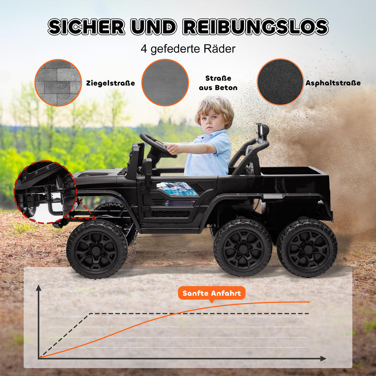 ELEKTRISCHES Kinderauto 12V, mit Anhänger, LED-Lichtern, Musik und Hupe, für Kinder im Alter von 3-8 Jahren, Schwarz - Schwarz, Kunststoff/Metall (122/62.5/65cm) - AIYAPLAY