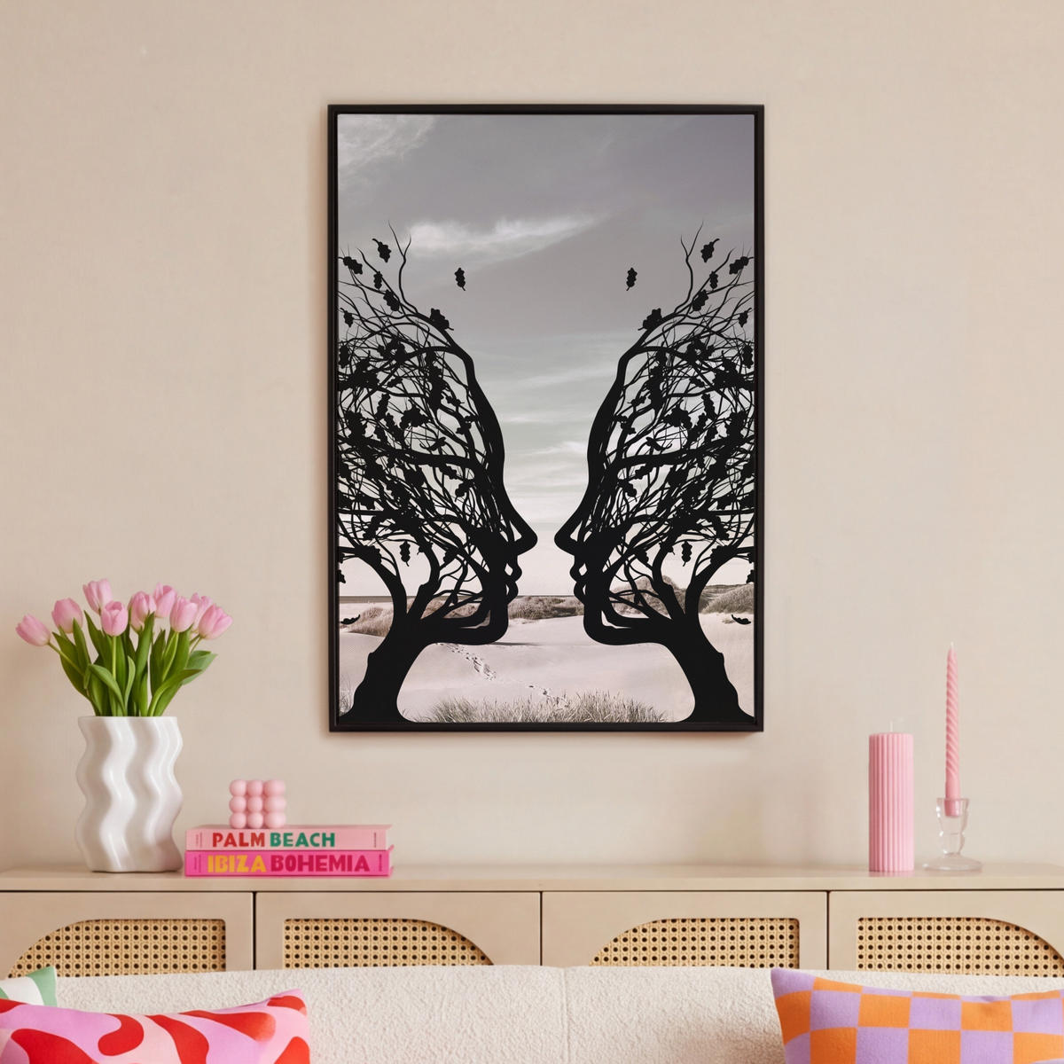 LEINWAND Bilder mit Rahmen - Strand - Meer - Menschen - Baum - Moderne Kunst - 60x90 - Hellgrau, Textil (60/90cm) - MuchoWow