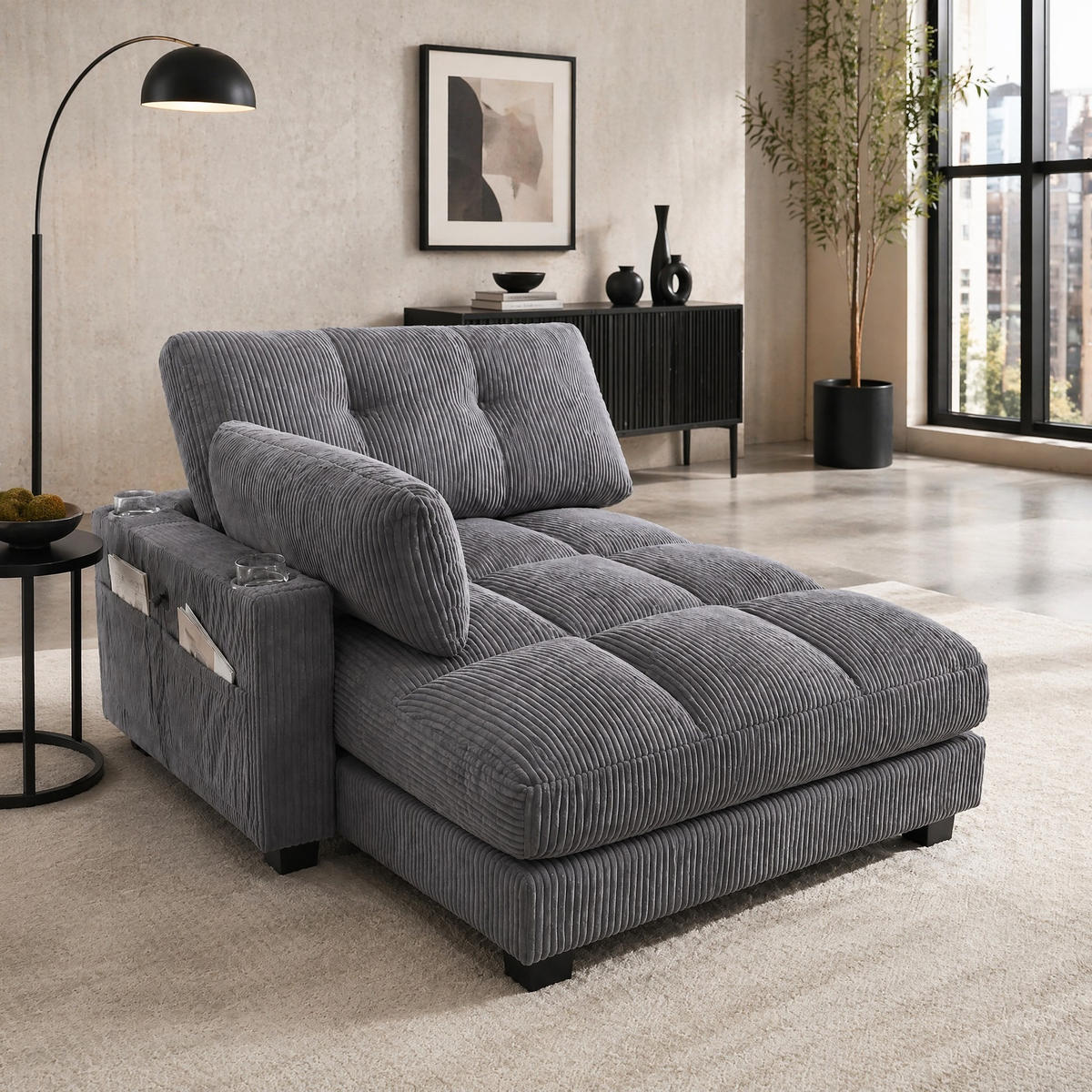SESSEL 1-Sitzer in Grau aus Cord 140/112/81 cm mit USB - Schwarz/Grau, Holzwerkstoff/Kunststoff (112/81/140cm) - CHICFURN