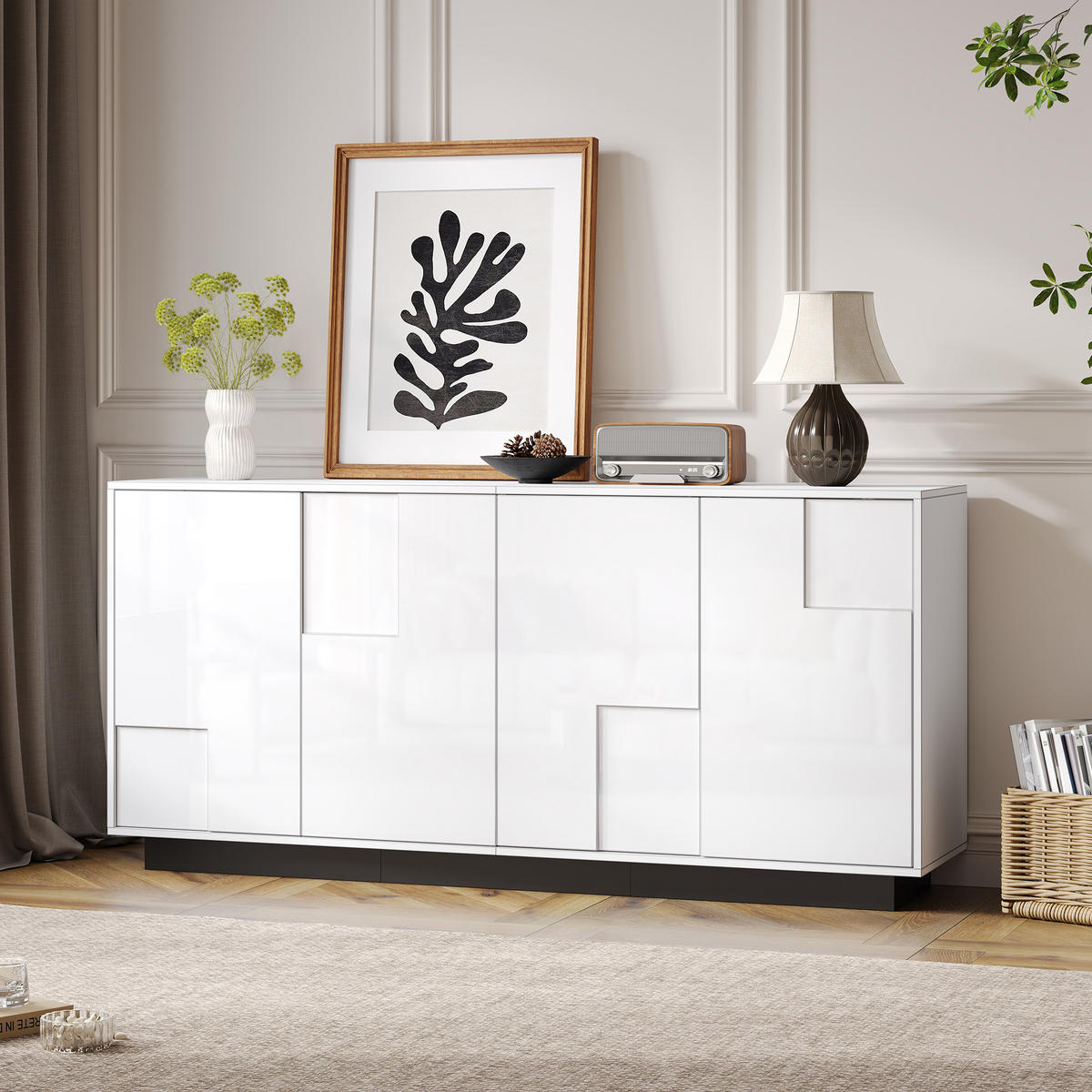 SIDEBOARD 160cm Hochglanz 4 Türen Weiß Schwarz modern Stauraum - Weiß, Holzwerkstoff (37/75.5/160cm) - FLIEKS