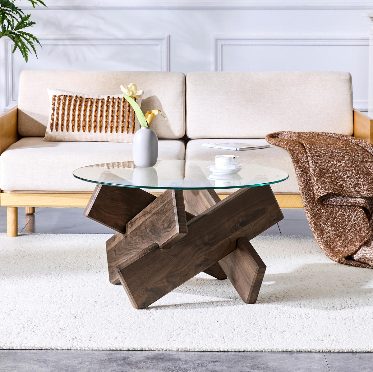 COUCHTISCH aus MDF und Glas 79x79x45 cm Transparent/Walnuss mit kreuzförmigem Gestell und pflegeleichter Oberfläche - Klar, Holzwerkstoff (79/79/45cm) - Modfu