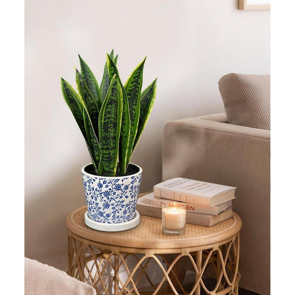 KUNSTPFLANZE Sansevieria mit Keramiktopf Weiß/Blau 40.6 cm - Multicolor, Keramik (40cm)