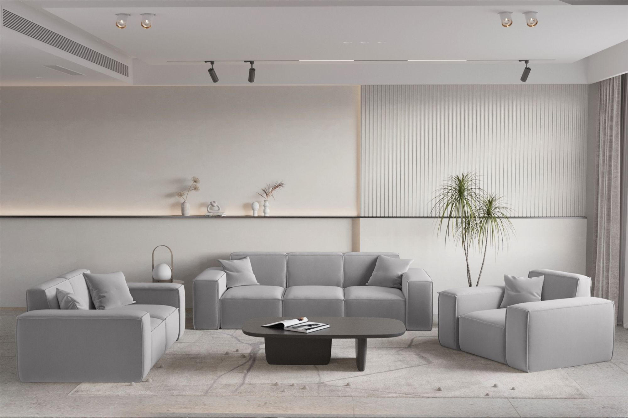 SOFASET Celes Premium 3-2-1 In Opera - Hellgrau, Holzwerkstoff/Textil (225/73/88cm) - Fun Möbel