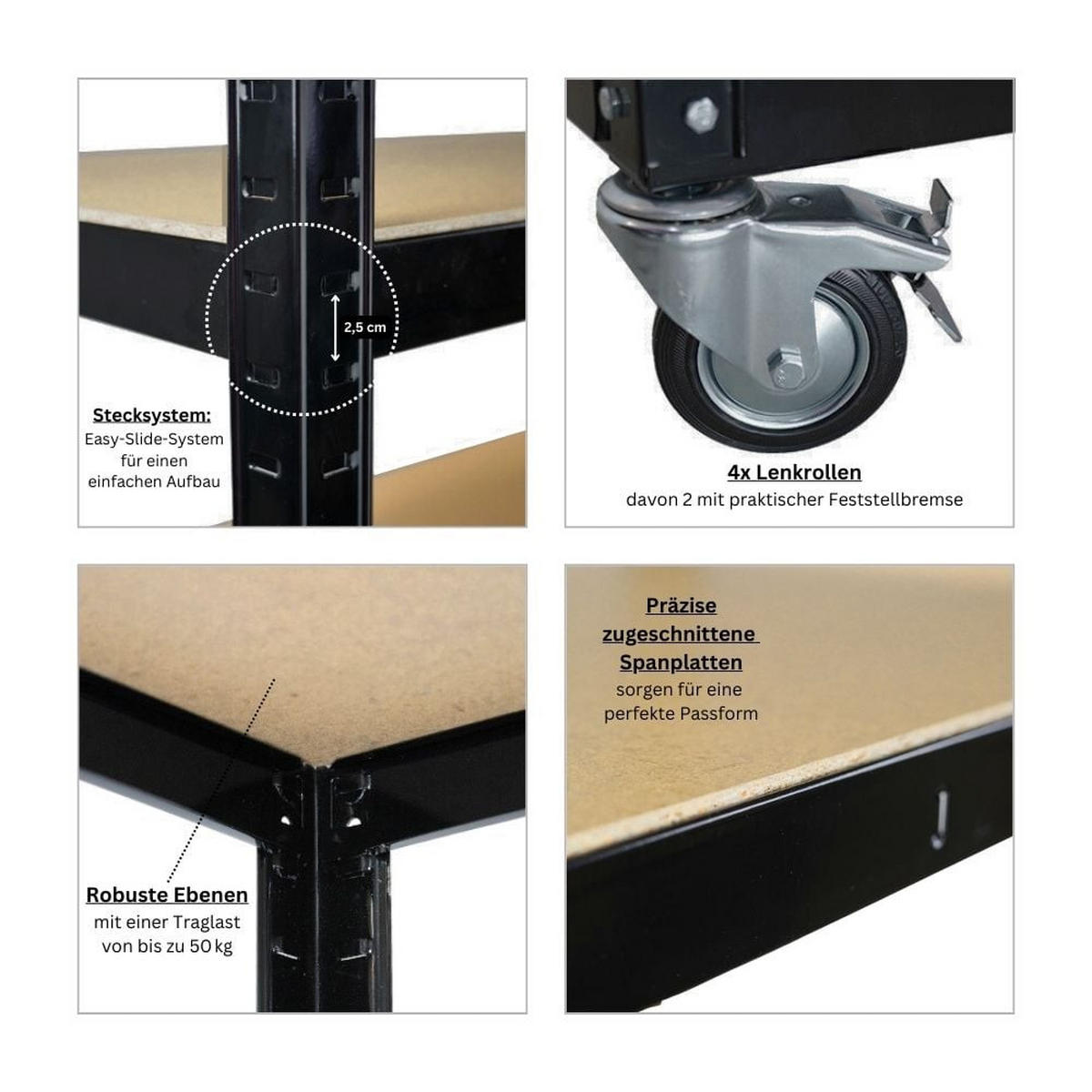 KOMMISSIONIERWAGEN BÜFFEL, 190x90x50cm, 5 Ebenen, Fachlast 50kg, 2X Lenkrollen & 2X Lenkrollen mit Feststellbremse, Schwarz - Schwarz, Metall (90/190/50cm) - PROREGAL