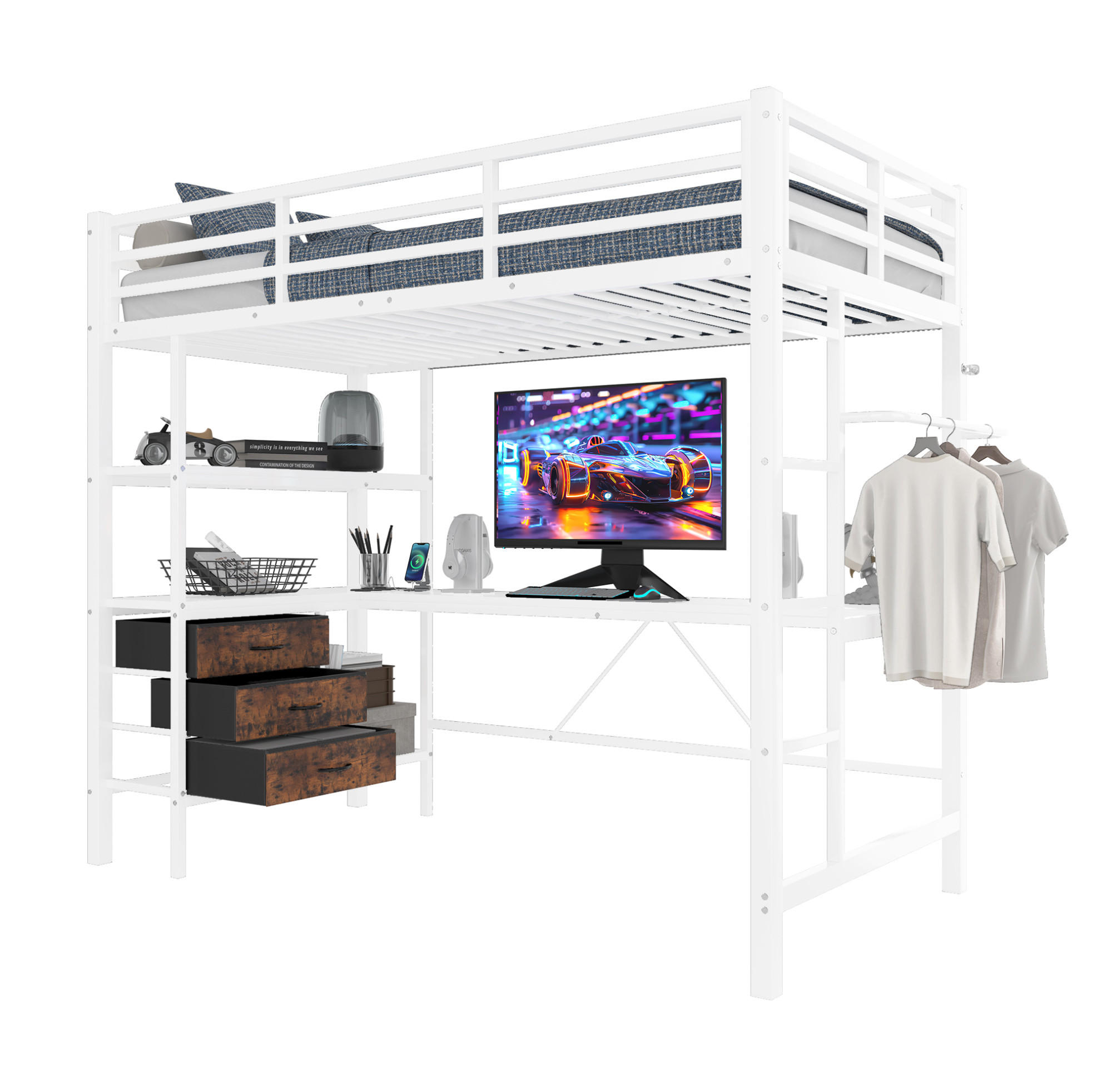 HOCHBETT 90/200 cm in Weiß mit LED-Beleuchtung, Schreibtisch und 3 Schubladen - Weiß, Metall (90/200cm) - Flora Grace