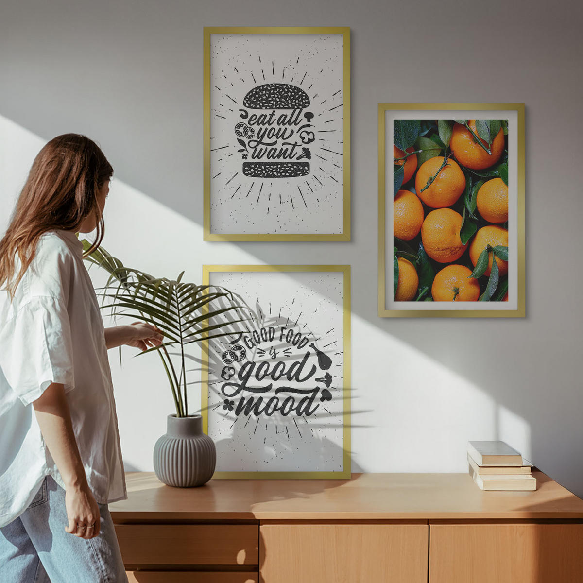 WANDBILDER 3er Set - 40x60 cm Goldrahmen - Juicy Oranges Kitchen - Goldfarben, Kunststoff (40/60cm) - ArtPrintCave