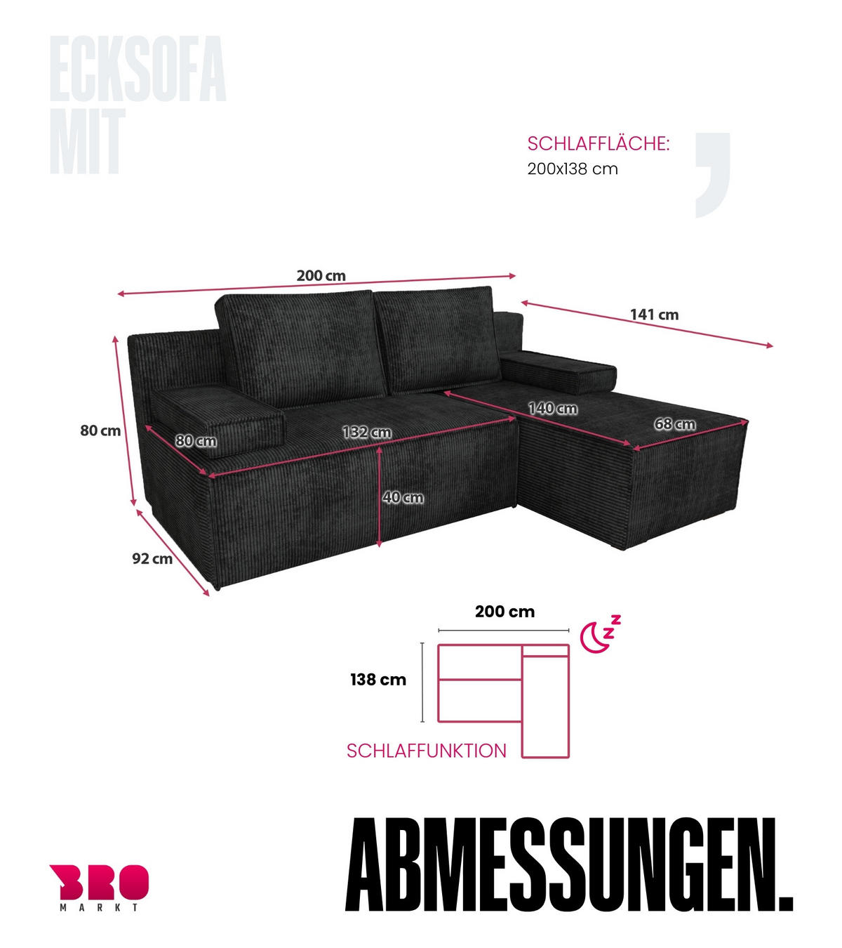 ECKSOFA Caspar mit Schlaffunktion Schwarz Cord - Schwarz, Textil (200/141cm) - Bromarkt