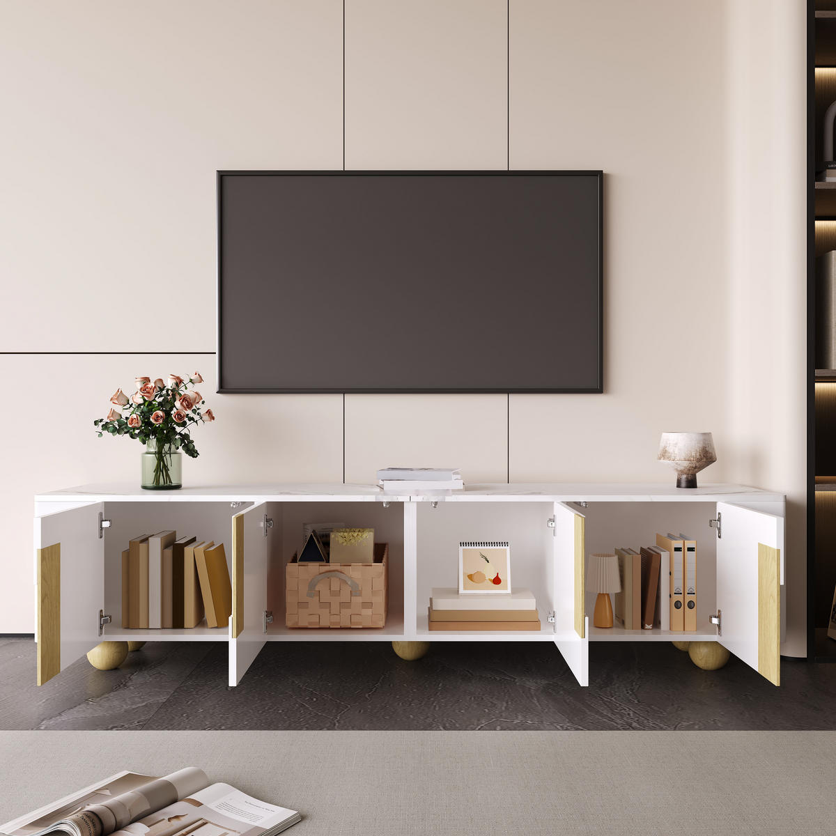 TV-SCHRANK in Weiß und Holzoptik mit 4 Türen und Marmoroptik 180/40/44 cm - Weiß, Holzwerkstoff (180/44/40cm) - Redom