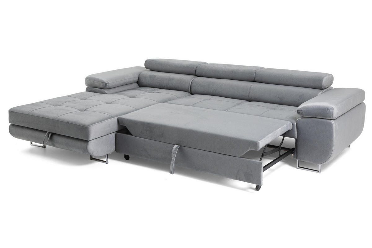 ECKSOFA ALONZO L Links mit Schlaffunktion 125x195 Velours Hellgrau - Silberfarben/Hellgrau, Holz/Textil (275/203cm) - Muffo