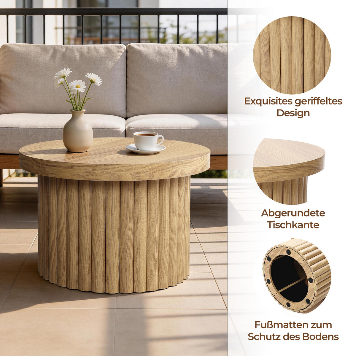 COUCHTISCH rund, Moderner Wohnzimmertisch in Holz | Ø60 x H40 cm - Eichefarben, Holz (60/60/40cm) - Hometopia