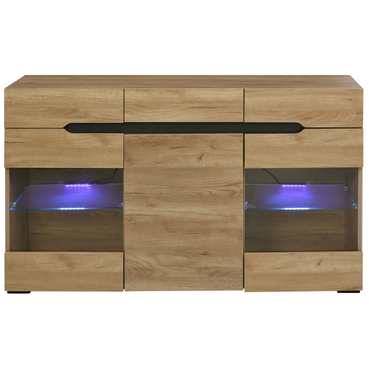 KOMODA 140/35/80 cm z LED osvetlitvijo, 3 vrati in 3 predali, hrastova - naravne barve, leseni material (140/80/35cm) - Redom