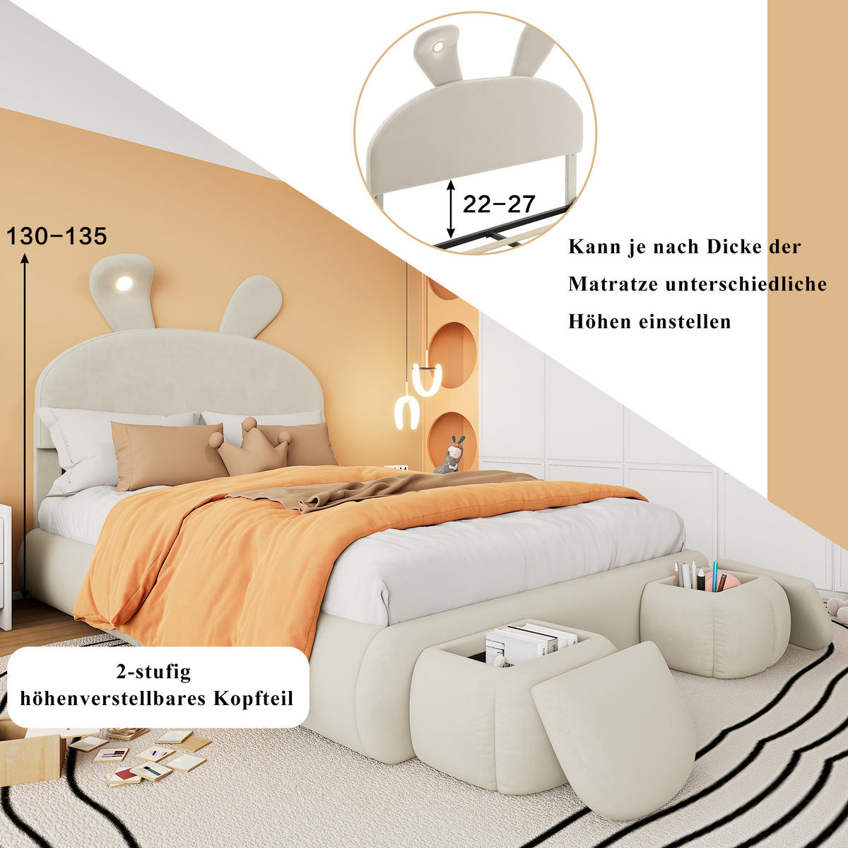 POLSTERBETT 140/200 cm aus Samt mit Stauraum und LED-Beleuchtung in Beige - Weiß, Textil (140/200cm) - Flora Grace