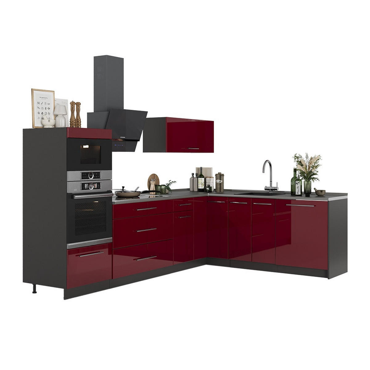 KUHINJA U OBLIKU SLOVA L Fame-Line, Bordo visokog sjaja/Antracit, 287 x 207 cm, RP Mramor - bordo/antracit, drvni materijal (287/153.6/60cm) - Vicco
