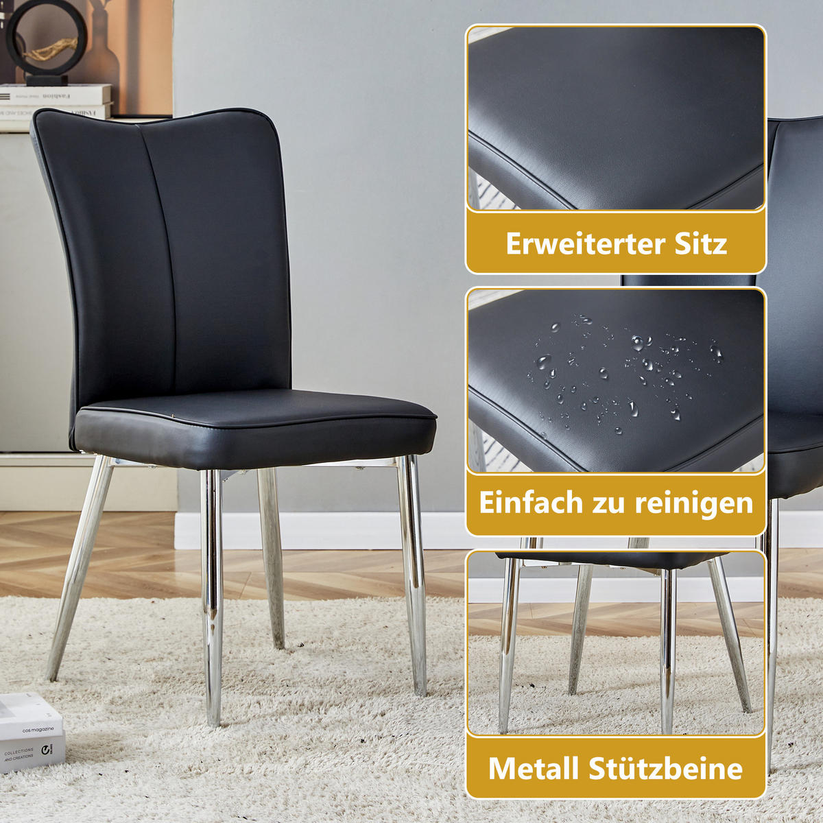 STUHL-SET DE-36517 2 Stück mit PU-Bezug und Metallbeinen Schwarz - Schwarz, Metall (44/89/45cm) - ComfortXL