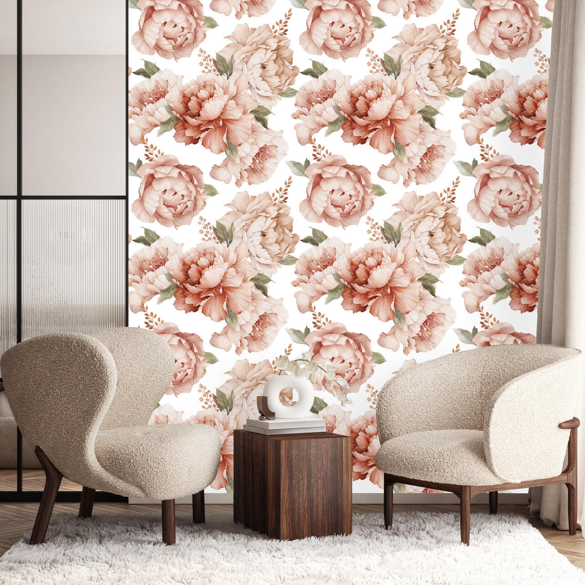 VLIESTAPETE Pfingstrosen im Boho-Stil – Rosa, Beige, Weiß – 50x1000 cm - Beige/Rosa, Papier (50/1000cm) - Muralo