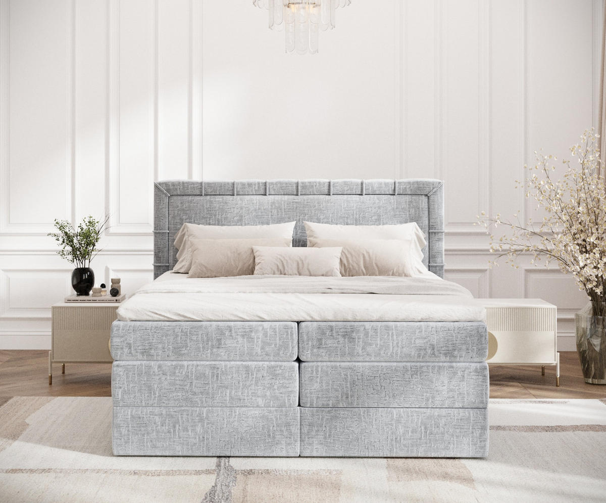 BOXSPRINGBETT Rosabel Hellgrau 200/200 cm mit Matratze und Topper - Hellgrau/Schwarz, Holz/Holzwerkstoff (200/200cm) - Maison de Reve