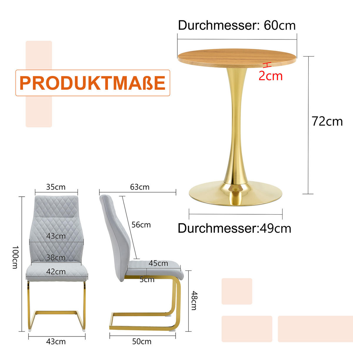 ESSGRUPPE 3-tlg. 60 cm Gold/Hellgrau - Goldfarben, Metall (60/72/60cm) - Meubliv