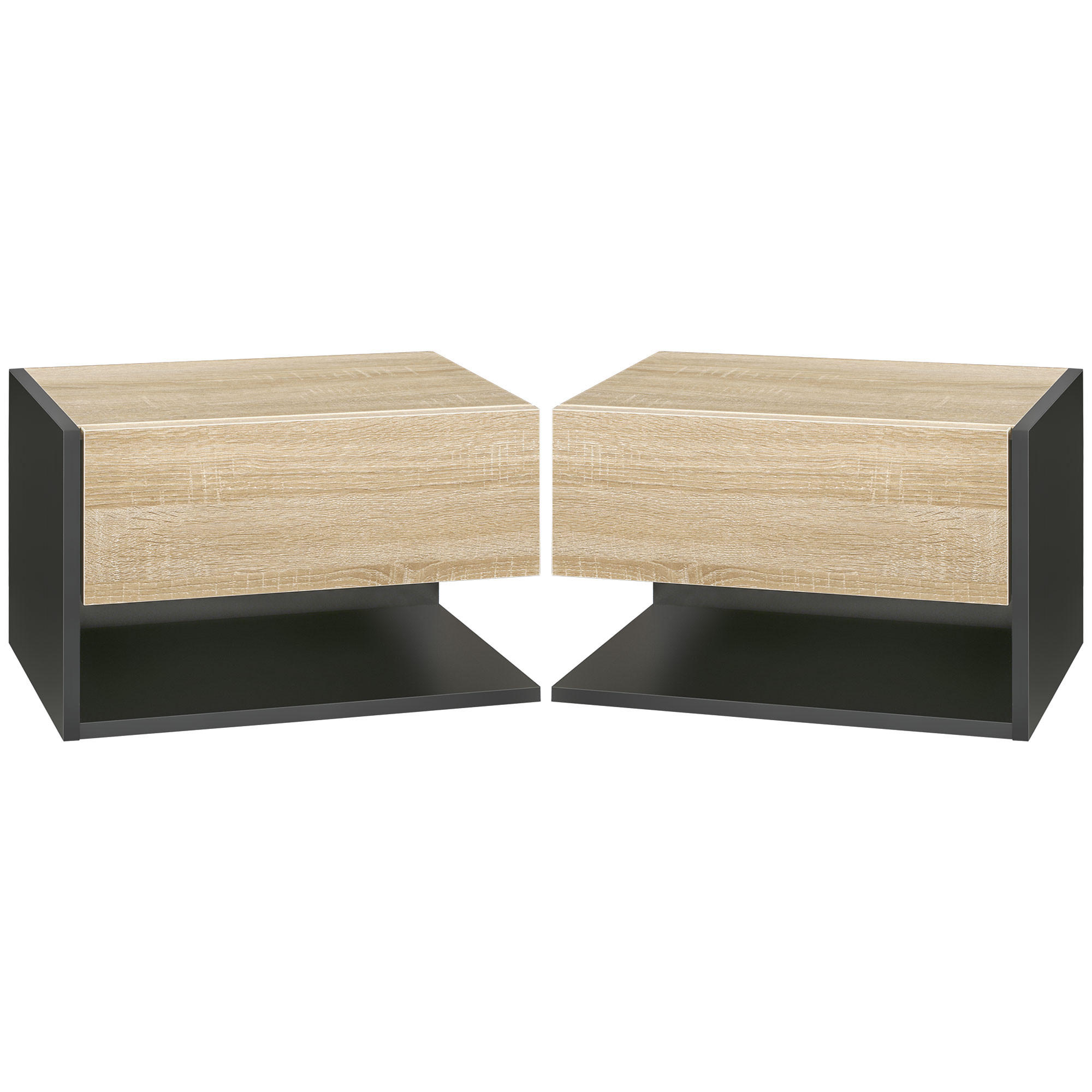 NACHTSCHRANK 2er-Set DE-12808 Schublade und offenes Fach Schwarz/Eiche hell - Schwarz, Holzwerkstoff (30/30/46cm) - ComfortXL
