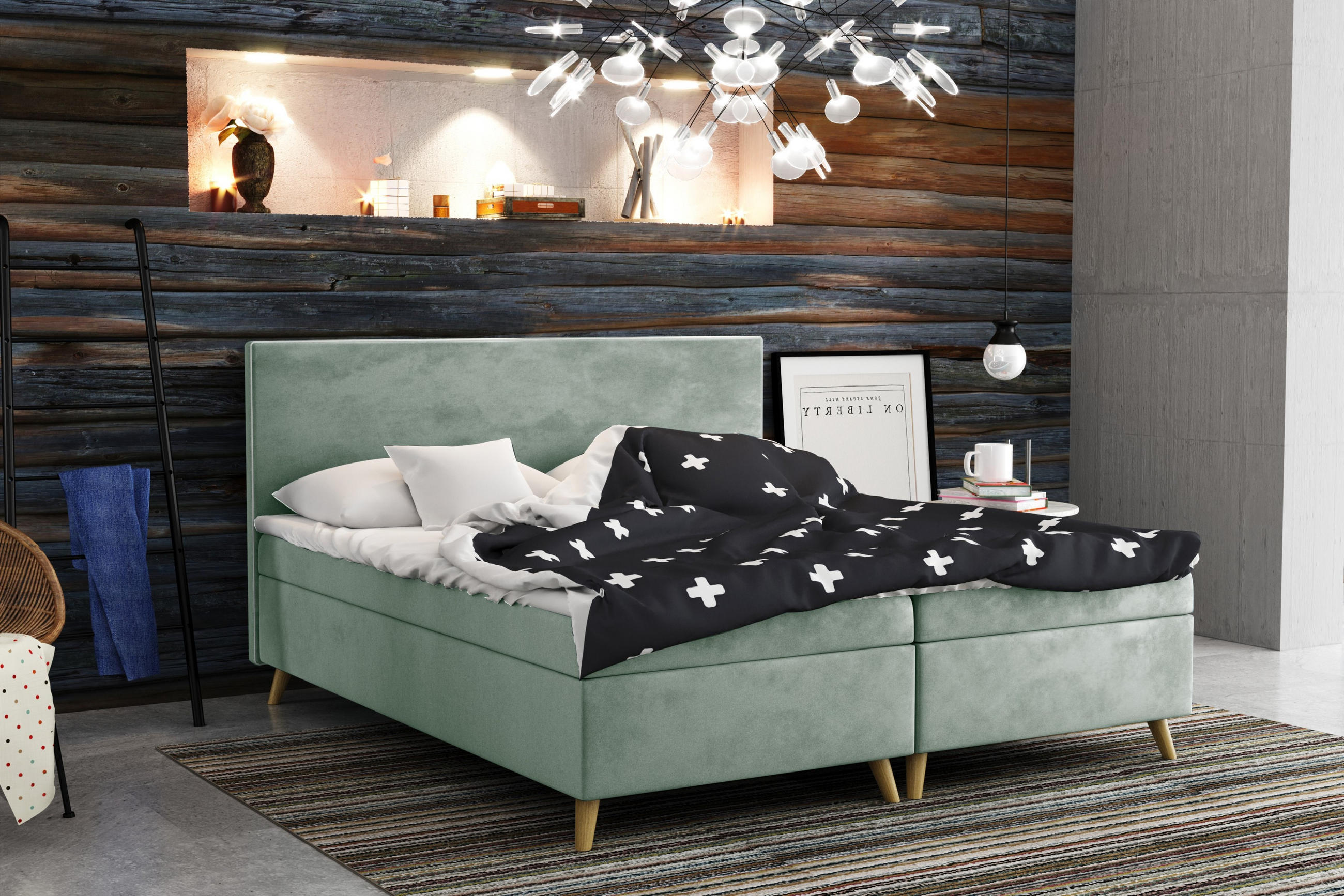 BOXBETT Mit Bettkasten Matratze + Topper BELLA Stoff Riviera Mintz 180x200 cm H2-Pocket - Mintgrün, Holz (180/200cm) - Kaiser Möbel