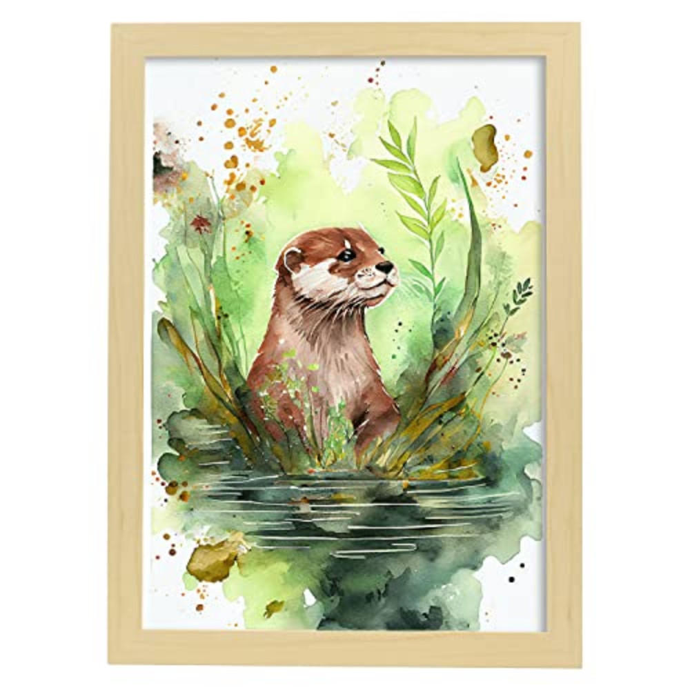 POSTER Otter Im Aquarell Stil. A4 Rahmen Aus Hellem Holz - Beige, Papier (29.7/5/21cm) - Nacnic