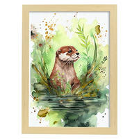 POSTER Otter Im Aquarell Stil. A4 Rahmen Aus Hellem Holz - Beige, Papier (29.7/5/21cm) - Nacnic