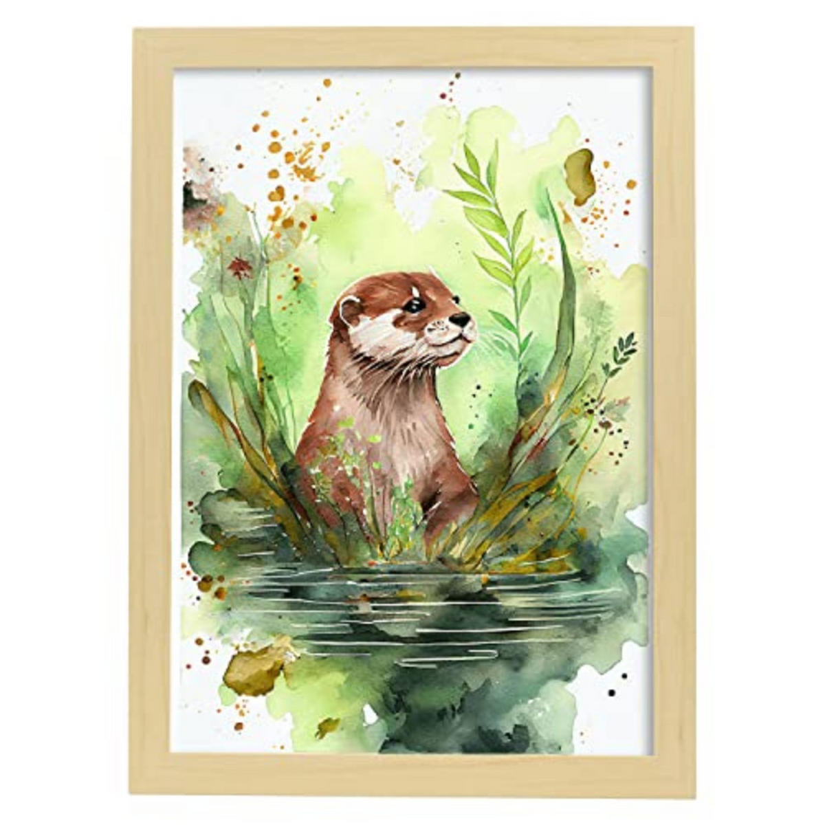 POSTER Otter Im Aquarell Stil. A4 Rahmen Aus Hellem Holz - Beige, Papier (29.7/5/21cm) - Nacnic