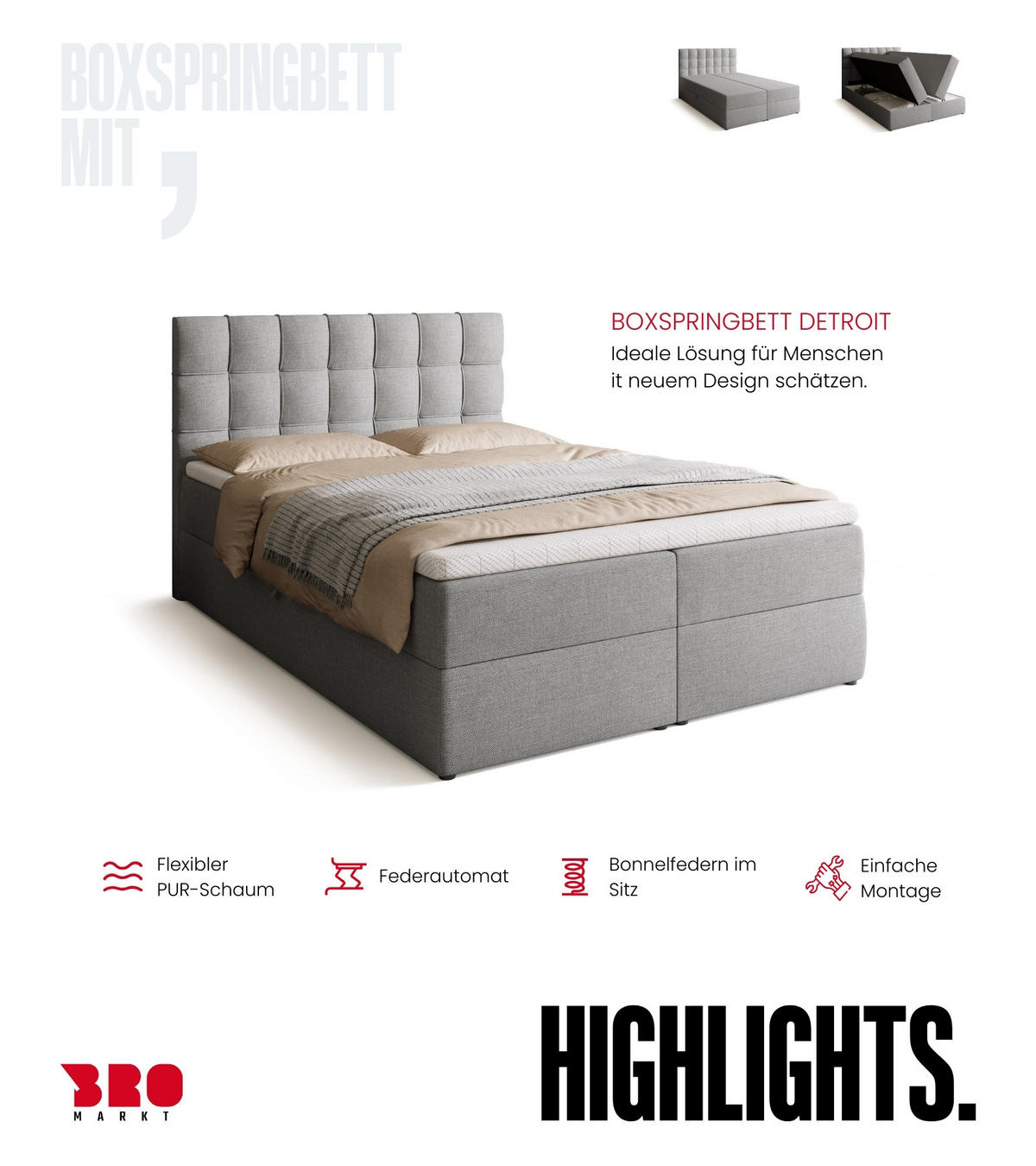 BOXBETT Detroit mit Topper 140/200 Hellgrau - Hellgrau, Holzwerkstoff/Textil (140/200cm) - Bromarkt
