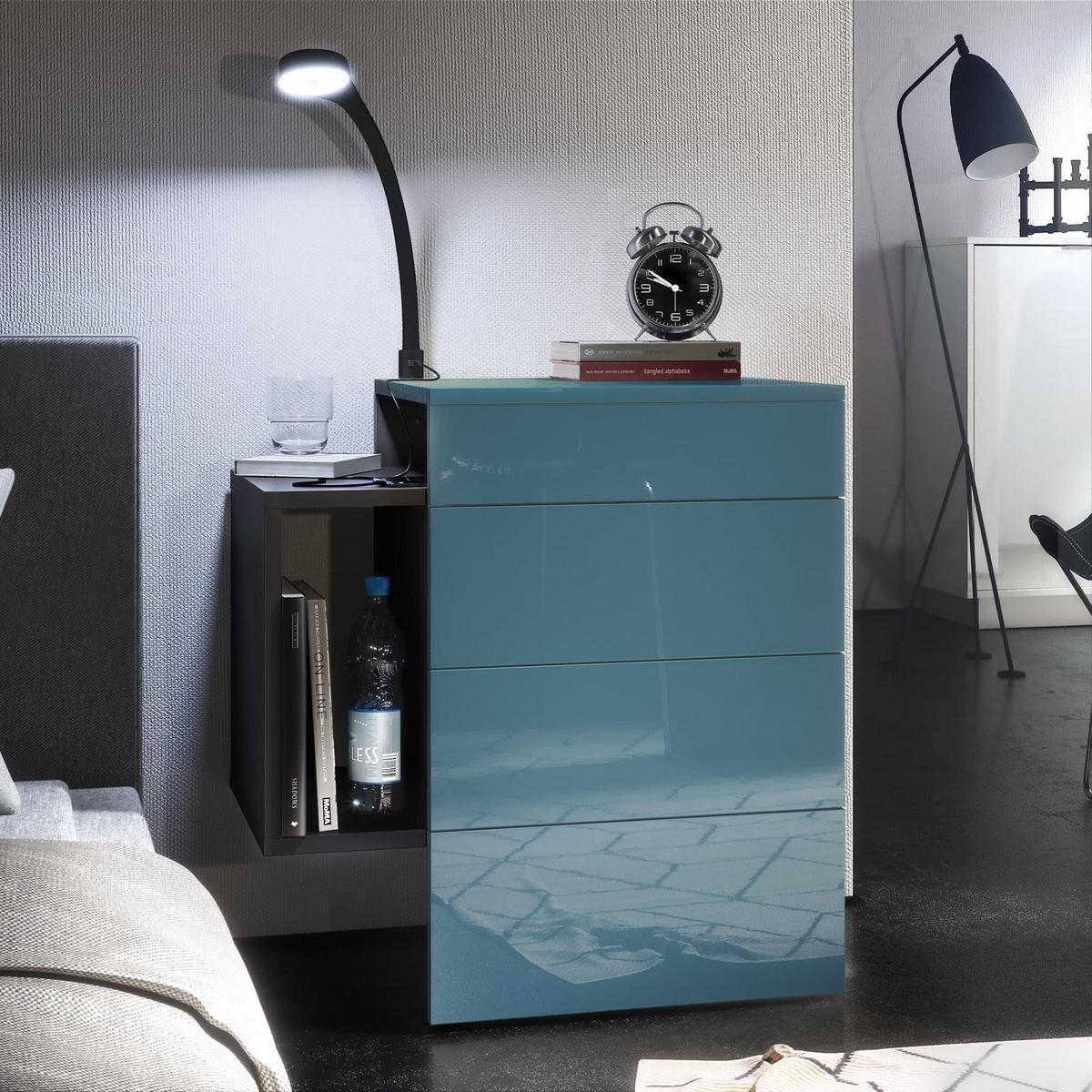 NACHTTISCH Queens Front in Petrol Hochglanz - Petrol, Holzwerkstoff (60/63/36cm) - Vladon