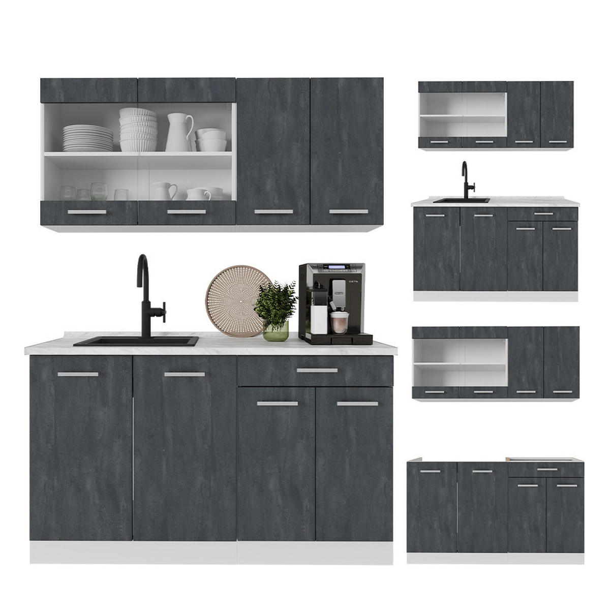 SINGLEKÜCHE R-Line Schwarz Beton/Weiß 140 cm ohne AP - Schwarz/Weiß, Holzwerkstoff (140/81.6/46cm) - Vicco