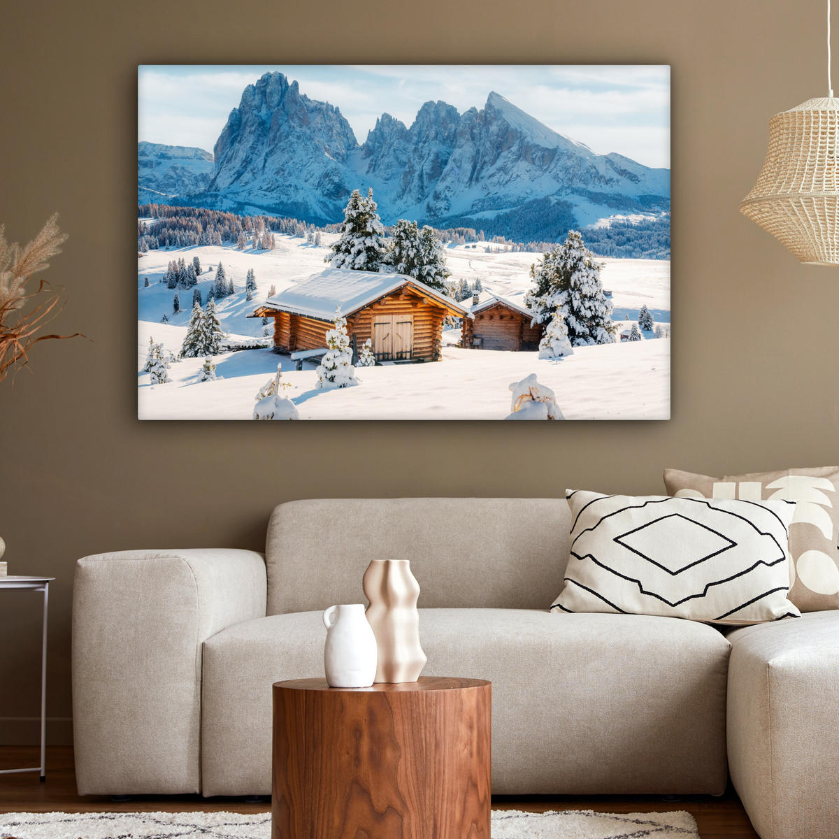 LEINWANDBILD Winter - Hütte - Berge - Aussicht - Schnee Groß 140x90 cm - Eichefarben, Textil (140/90cm) - MuchoWow