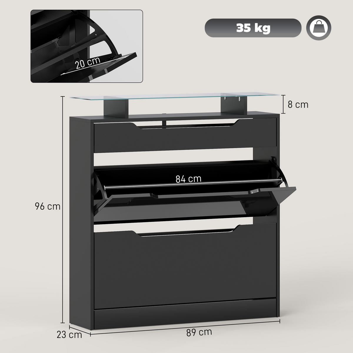 SCHUHSCHRANK Schwarz MDF klappbar mit Fächern 1 Stück - Schwarz, Holzwerkstoff (89/96/23cm) - PANGIVO