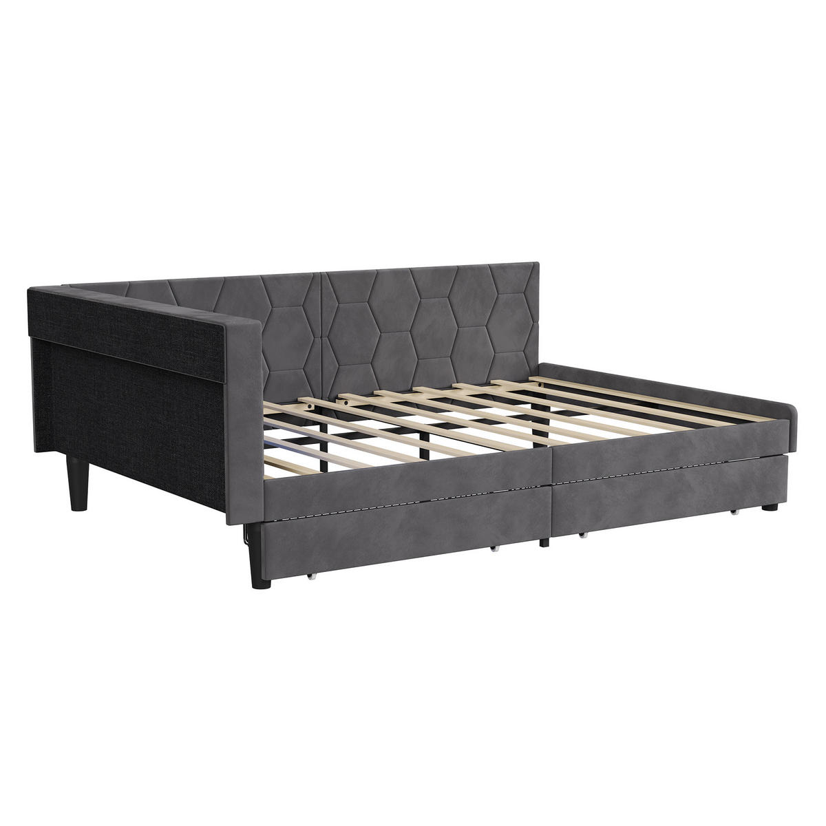 POLSTERBETT 140x200cm grau Samt, Schubladen, Bettkasten, LED, USB - Grau, Holz