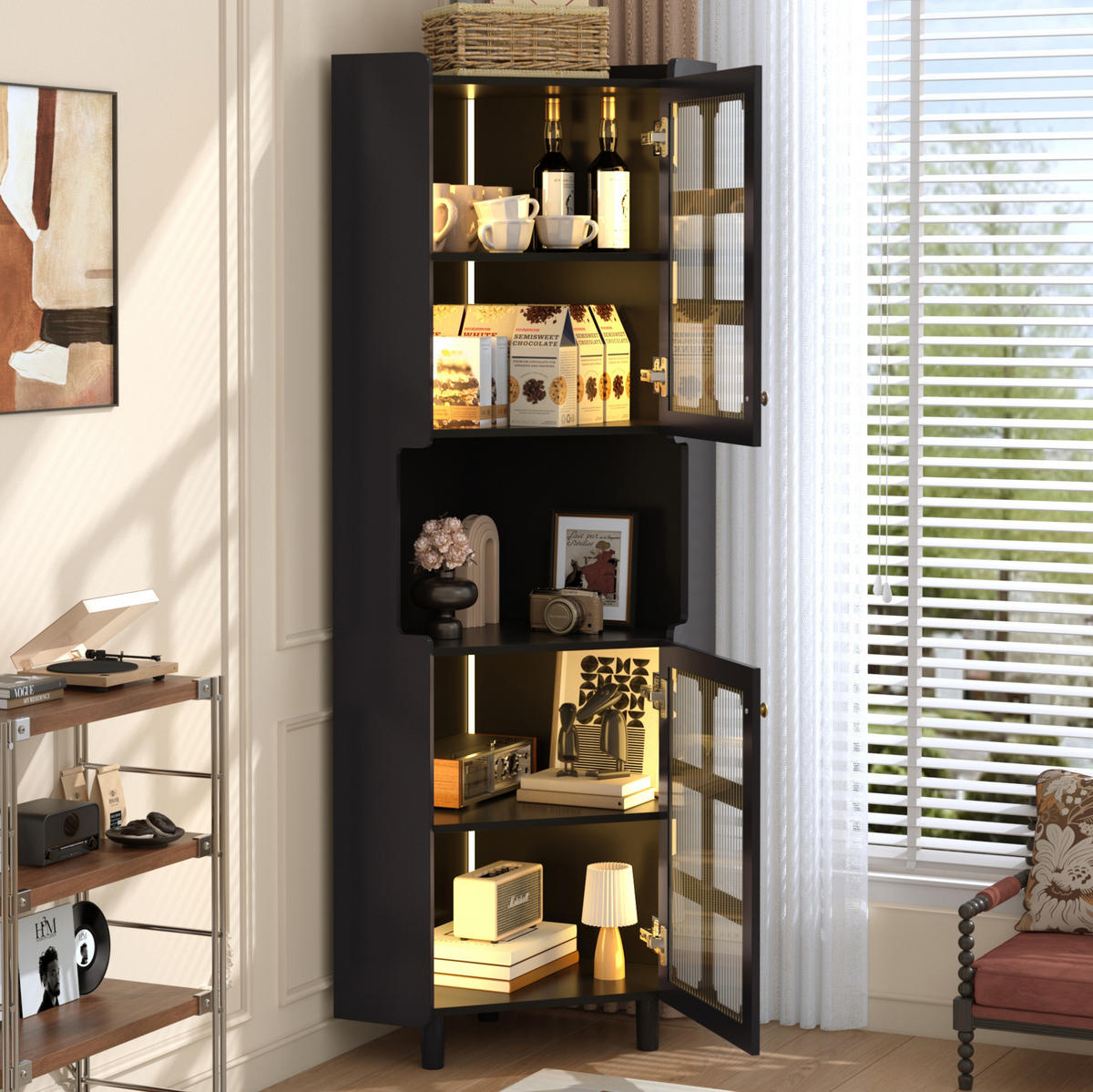 LED-ECKSPEICHERSCHRANK 63.5x17x157.5 cm Schwarz aus Spanplatte mit App-LED & 3-Zonen-Storage - Schwarz, Holzwerkstoff (63.5/157.5/17cm) - Modfu
