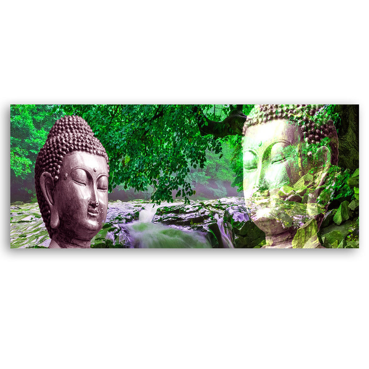 WANDBILD buddha gesicht im wald - Grün, Textil (90/30cm) - Feeby
