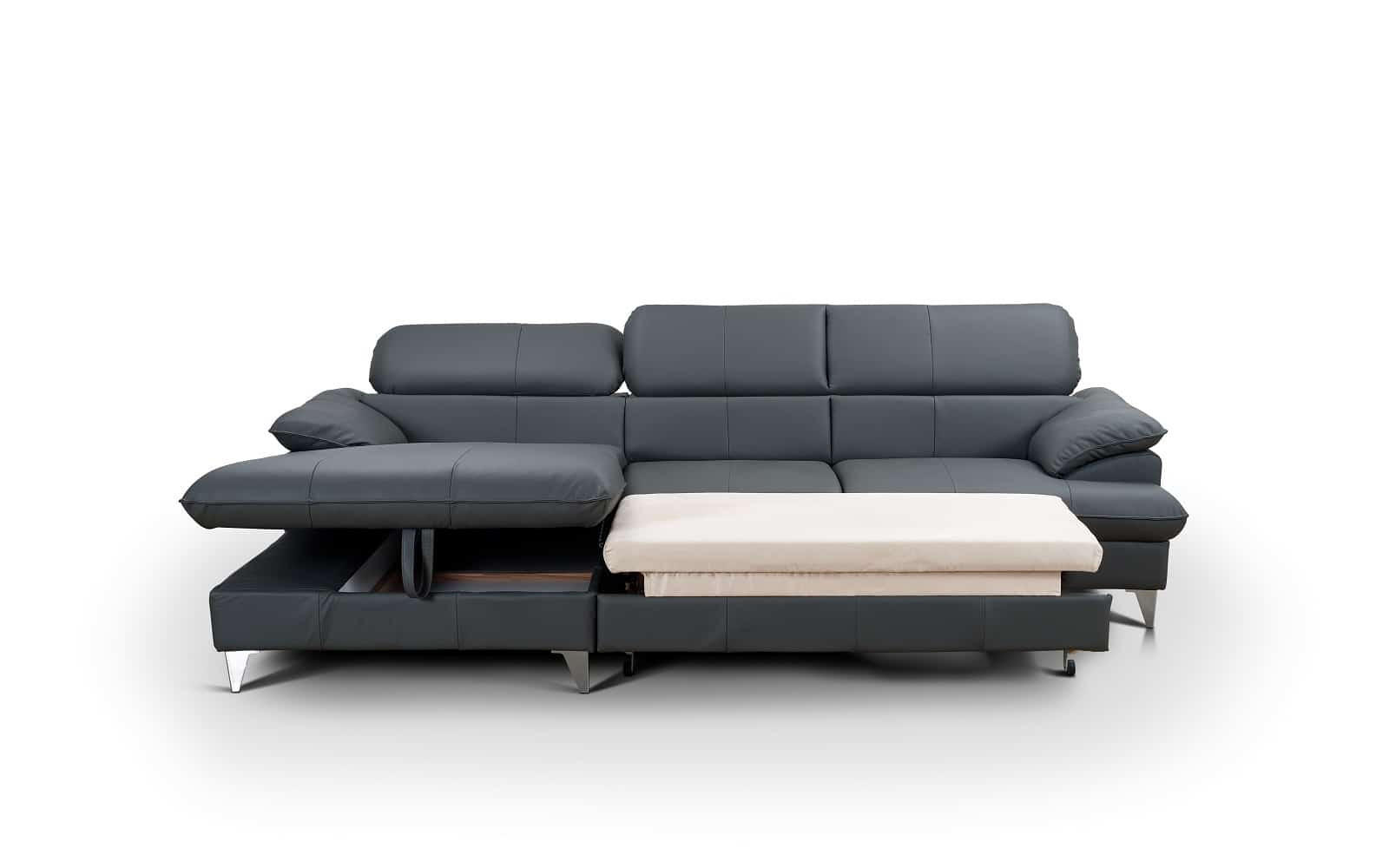 ECKSOFA mit Schlaffunktion und Bettkasten, Echtleder - Chromfarben/Anthrazit, Leder/Holz (254/167cm) - Cotta
