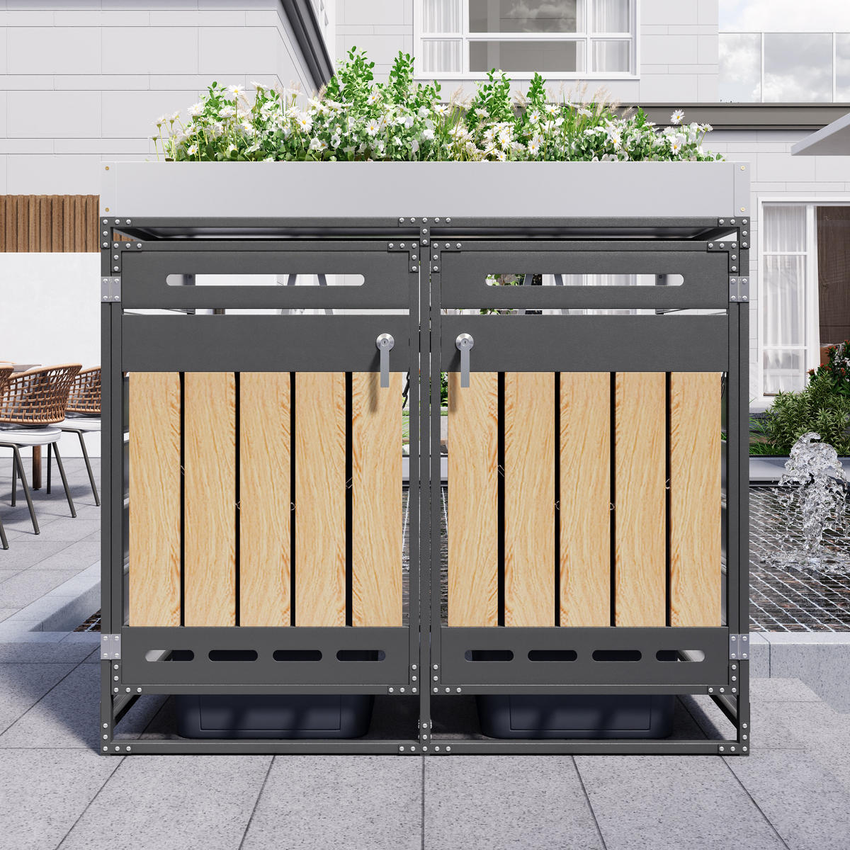 MÜLLTONNENBOX Pflanzkasten Holzoptik Belüftung Schloss - Schwarz, Metall (131/120/79cm) - LEBENLANG