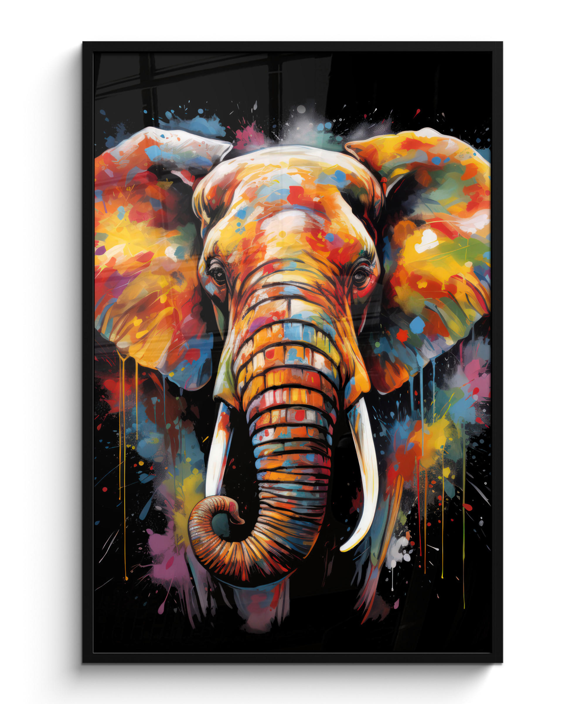 GERAHMTES BILD Elefant - Graffiti - Schwarz - Tiere - Farben 80x120 cm - Schwarz, Papier (80/120cm) - MuchoWow